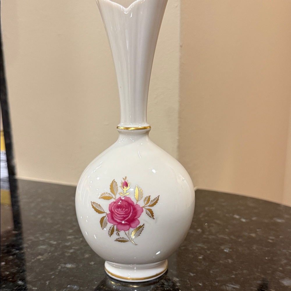 Lenox White Vase with Pink Rose and Gold Accents
